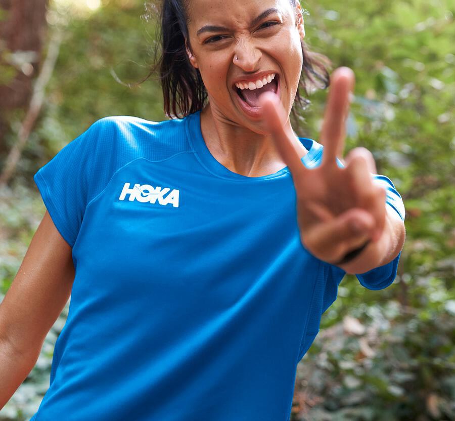 Hoka One One Top Dame - Performance Kort Sleeve - Blå - 726913RKV